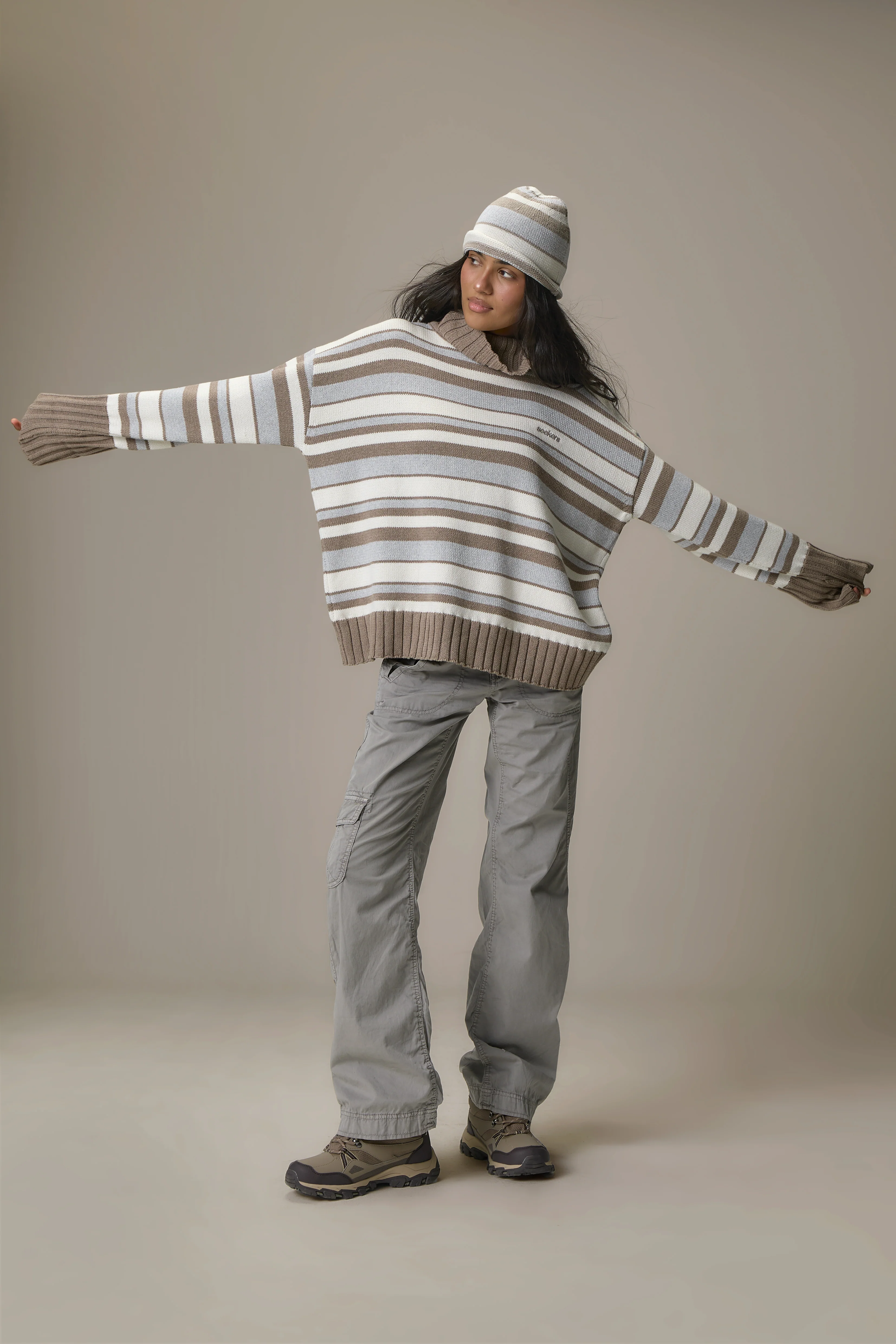 Bella Stripe Roll Hat in Grey - Image 6