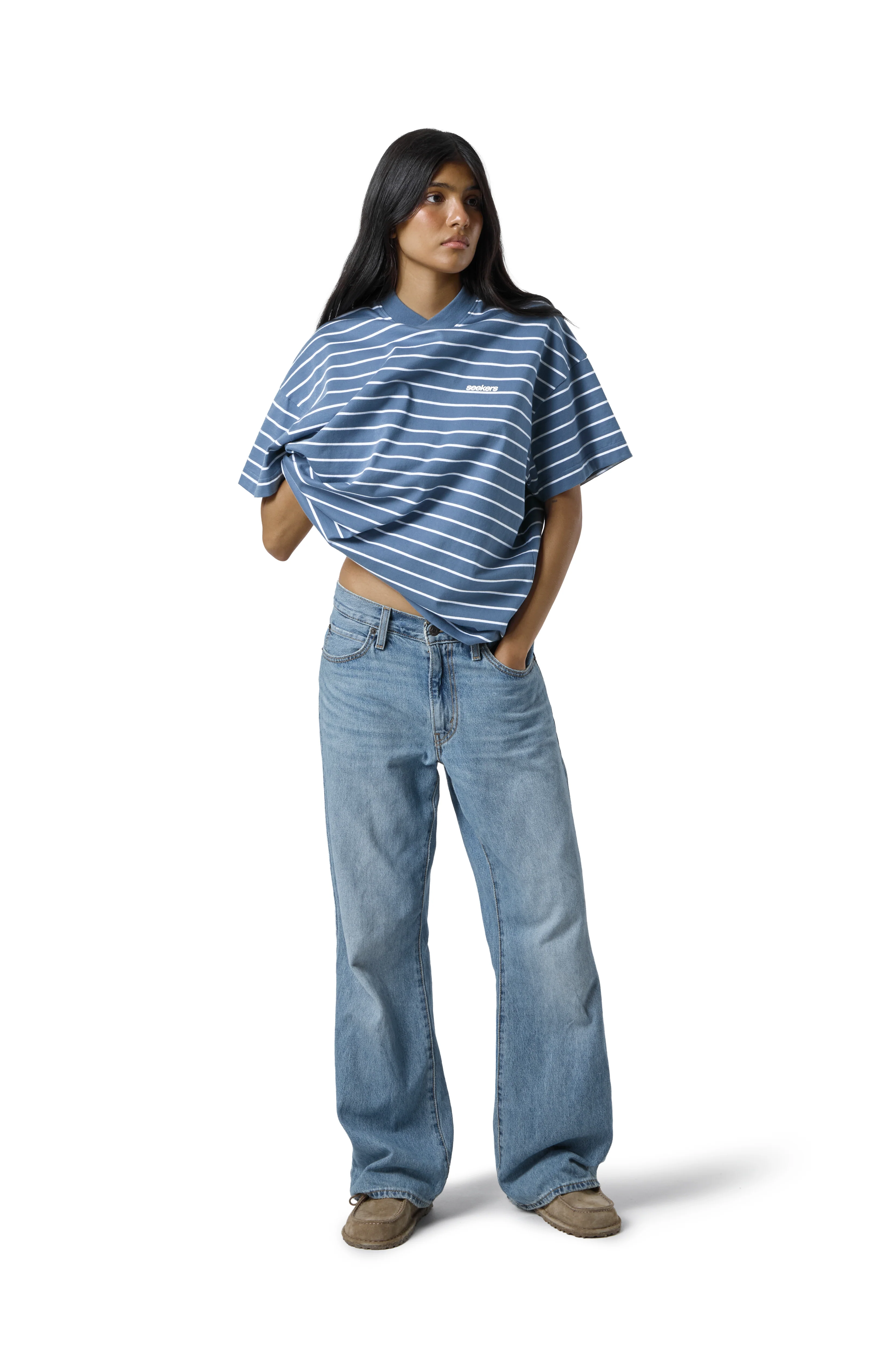 Devon Striped Oversized Tee in Blue Wash - Image 5