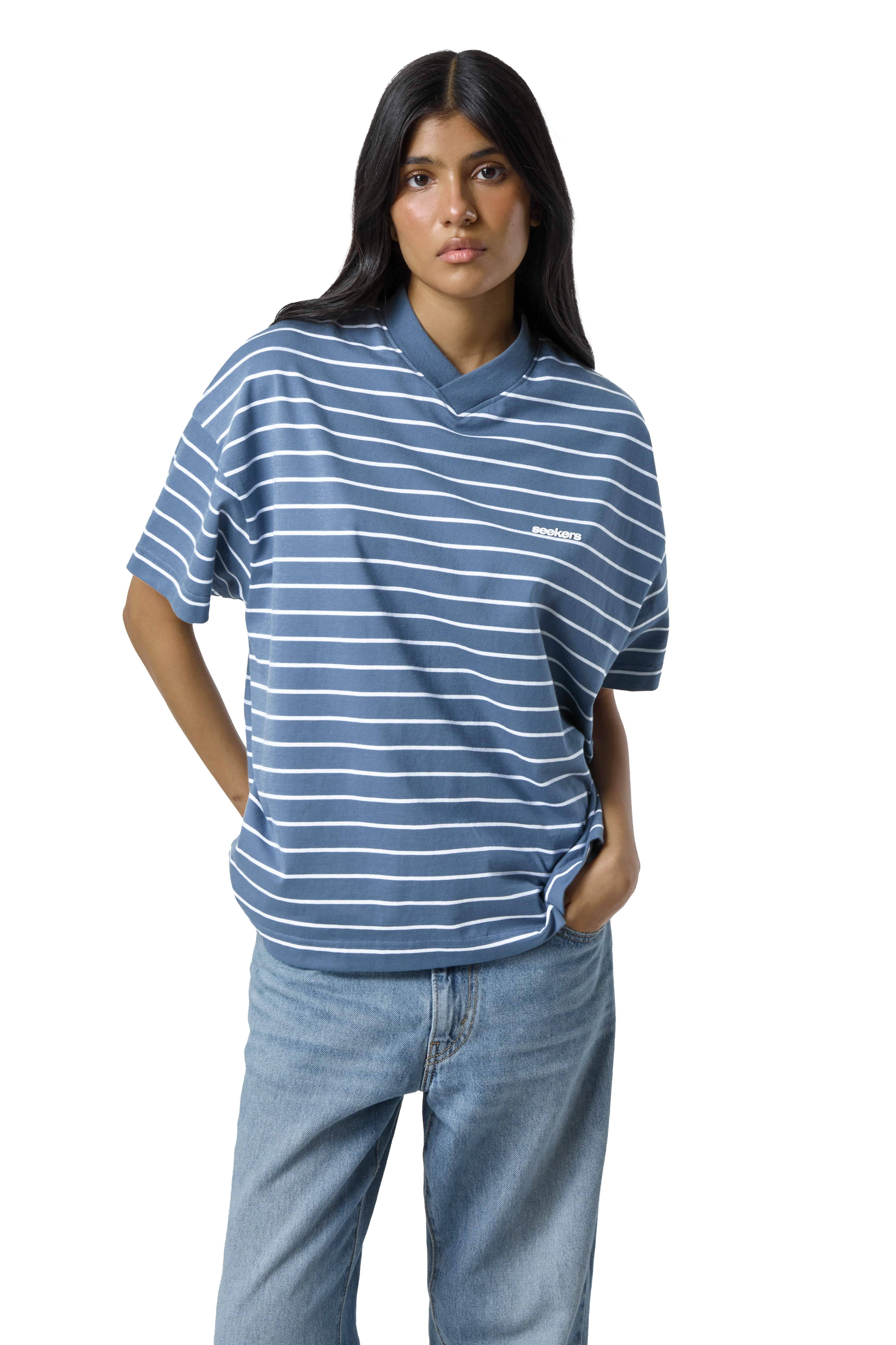 Devon Striped Oversized Tee in Blue Wash - Image 6
