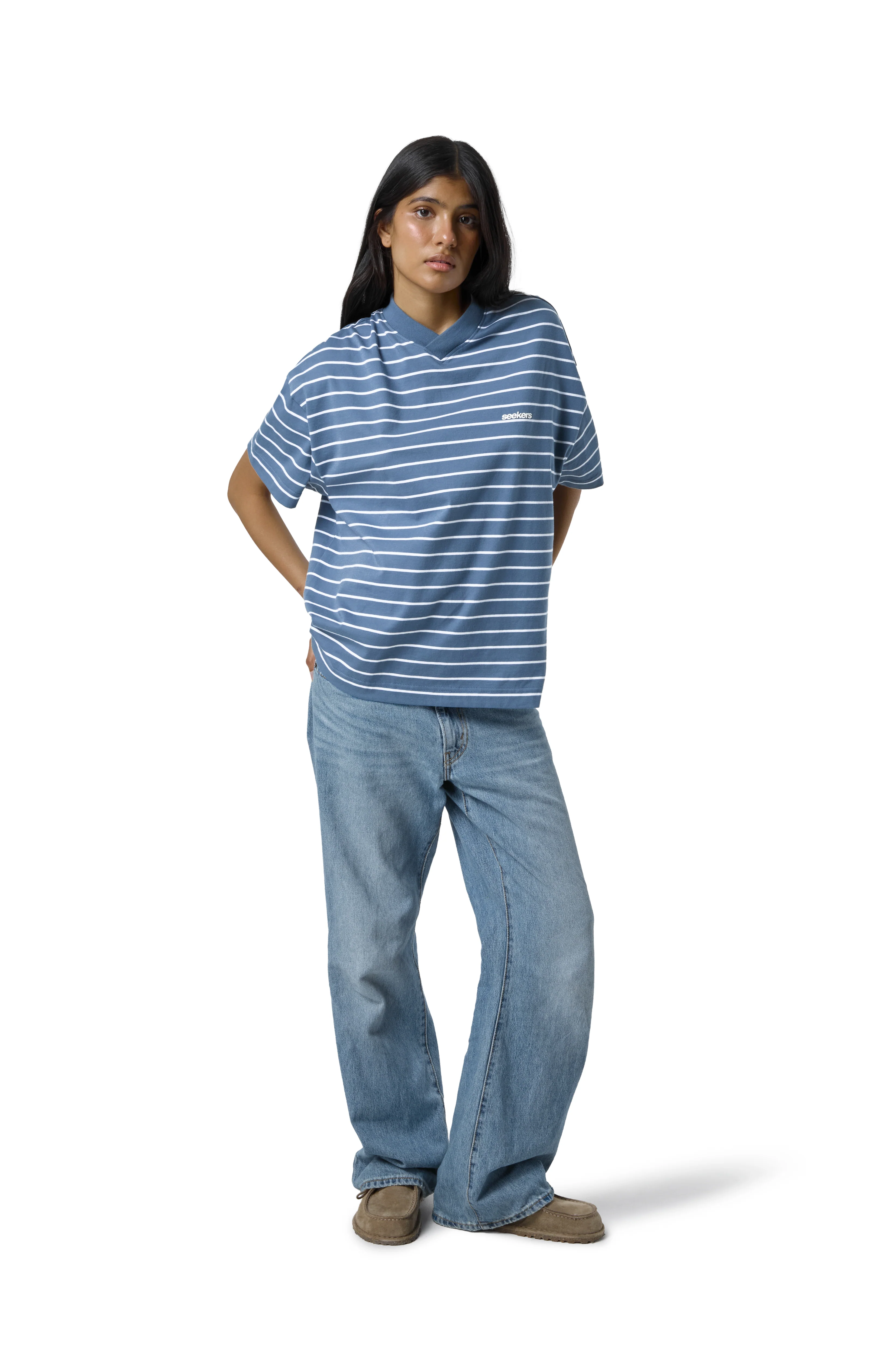 Devon Striped Oversized Tee in Blue Wash - Image 7