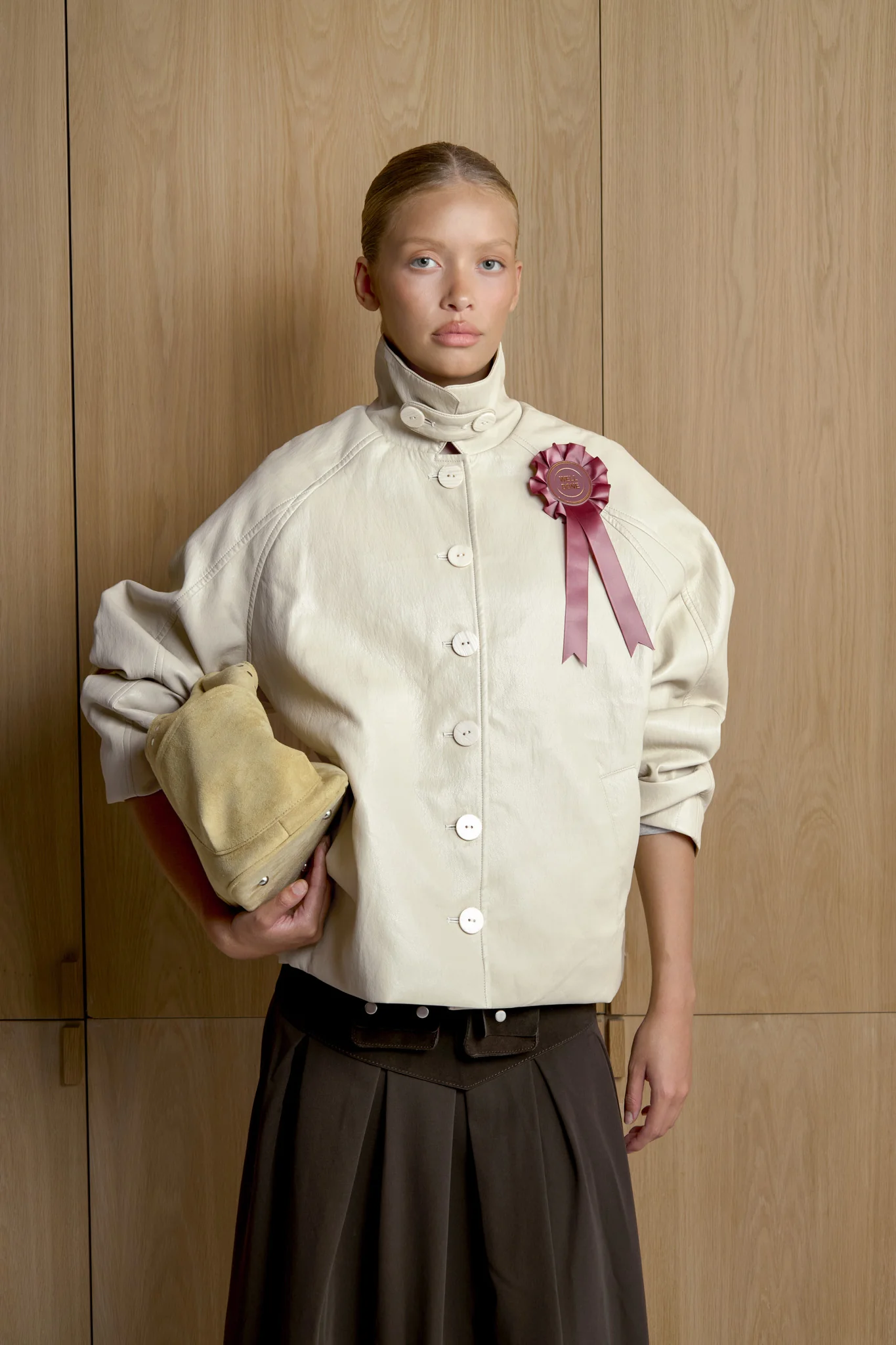 Hollies Classic Faux Leather Jacket in Sand - Image 9