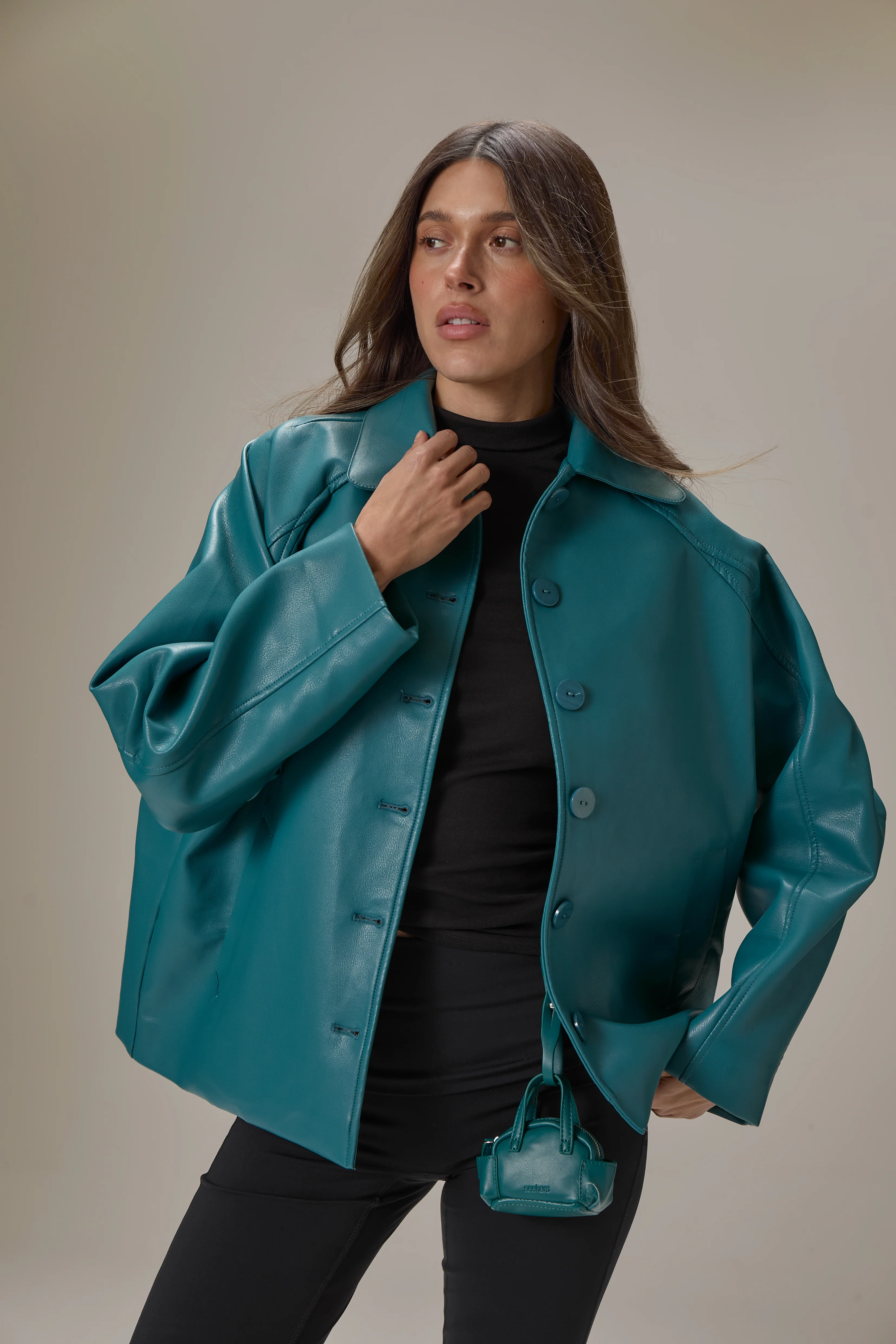 Hollies Classic Faux Leather Jacket in Dark Cyan - Image 5