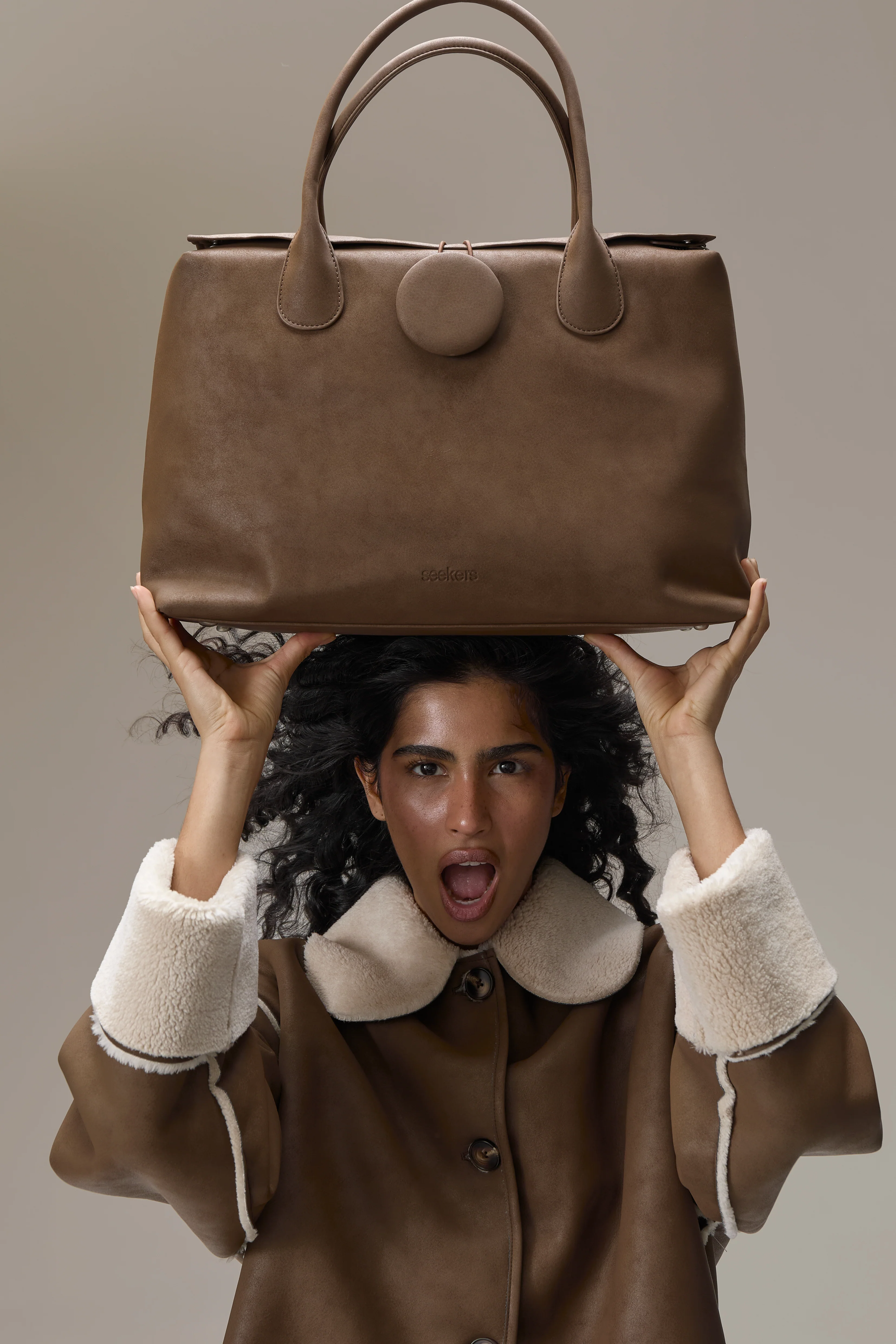 Tully Button Carryall Bag in Brown - Image 3