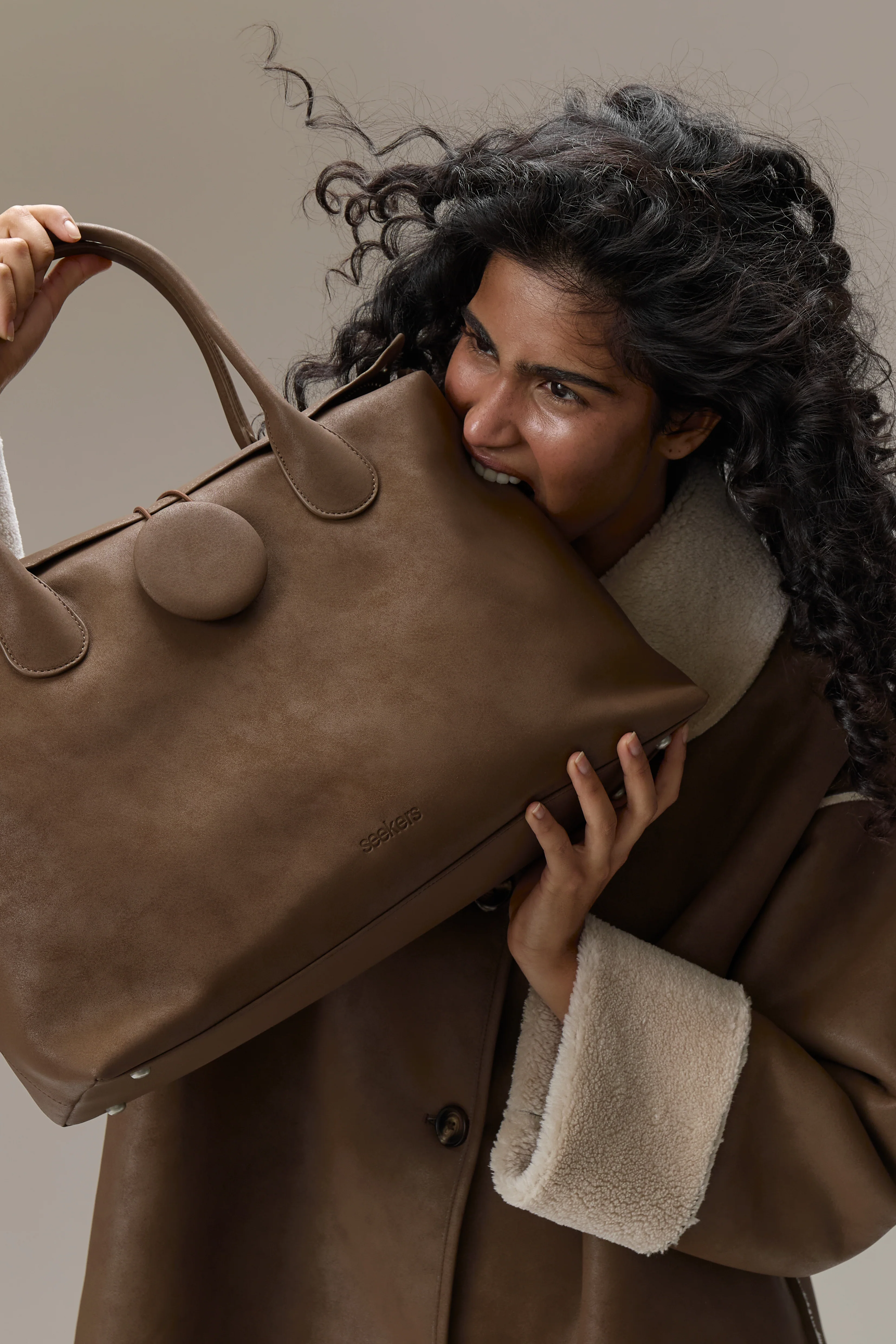 Tully Button Carryall Bag in Brown - Image 5
